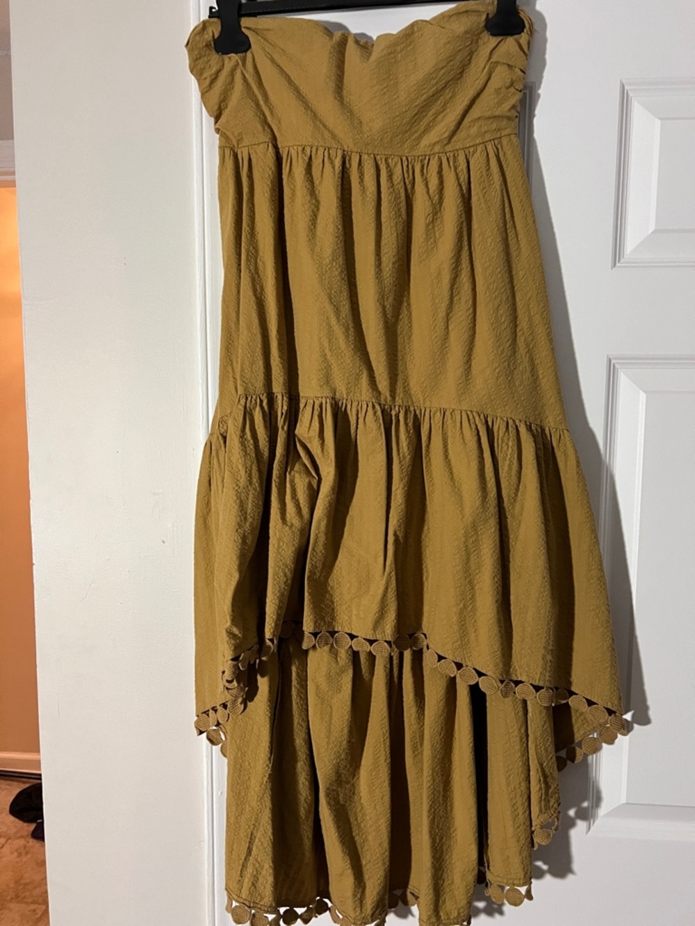 Maeve Mustard High-Low Tiered Skirt with Pom Trim
